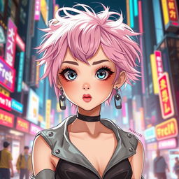 A girl with fair skin and tousled pastel pink hair, embodying a futuristic style