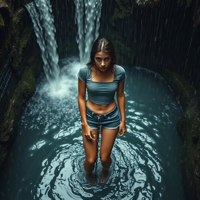 A slim woman wearing a cropped t-shirt and cuffed jeans, chained to a metal gate in a deep pit filled with water, surrounded by flowing water cascading down the mossy walls from above