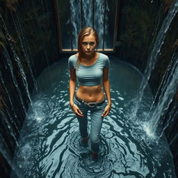 A slim woman wearing a cropped t-shirt and cuffed jeans, chained to a metal gate in a deep pit filled with water, surrounded by flowing water cascading down the mossy walls from above