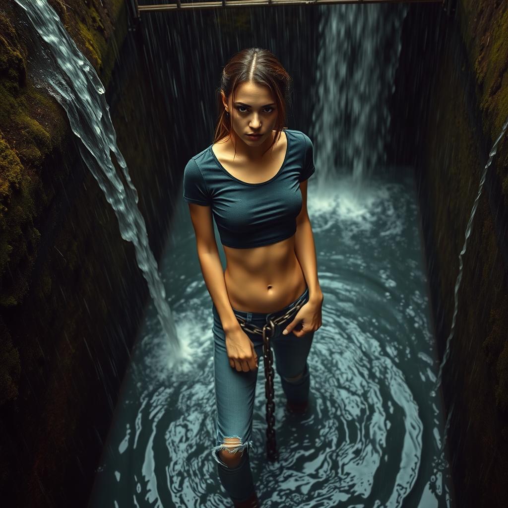 A slim woman wearing a cropped t-shirt and cuffed jeans, chained to a metal gate in a deep pit filled with water, surrounded by flowing water cascading down the mossy walls from above