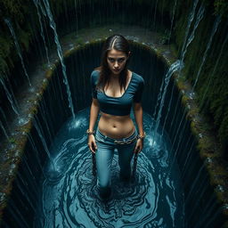 A slim woman wearing a cropped t-shirt and cuffed jeans, chained to a metal gate in a deep pit filled with water, surrounded by flowing water cascading down the mossy walls from above