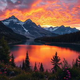A breathtaking mountain landscape at sunset, featuring majestic peaks adorned with patches of snow