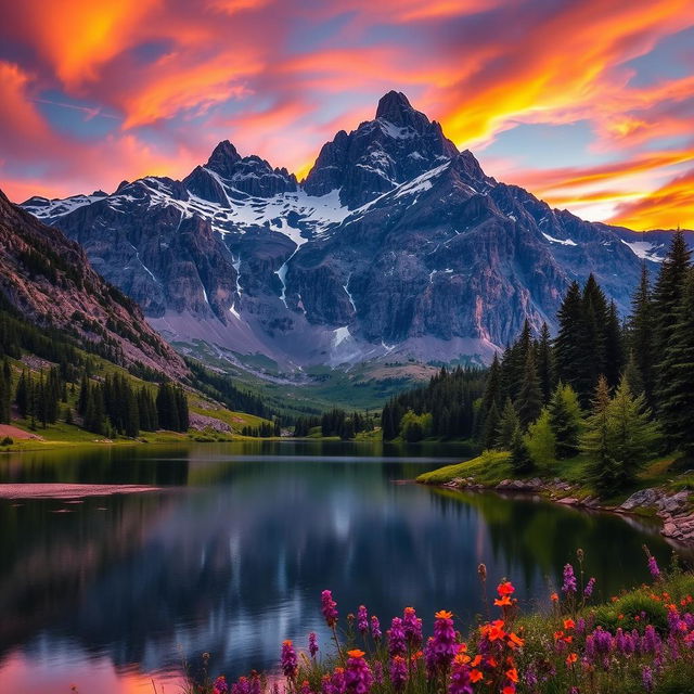 A breathtaking mountain landscape at sunset, featuring majestic peaks adorned with patches of snow