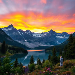 A breathtaking mountain landscape at sunset, featuring majestic peaks adorned with patches of snow