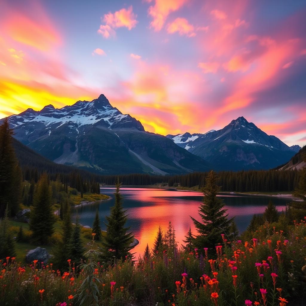 A breathtaking mountain landscape at sunset, featuring majestic peaks adorned with patches of snow