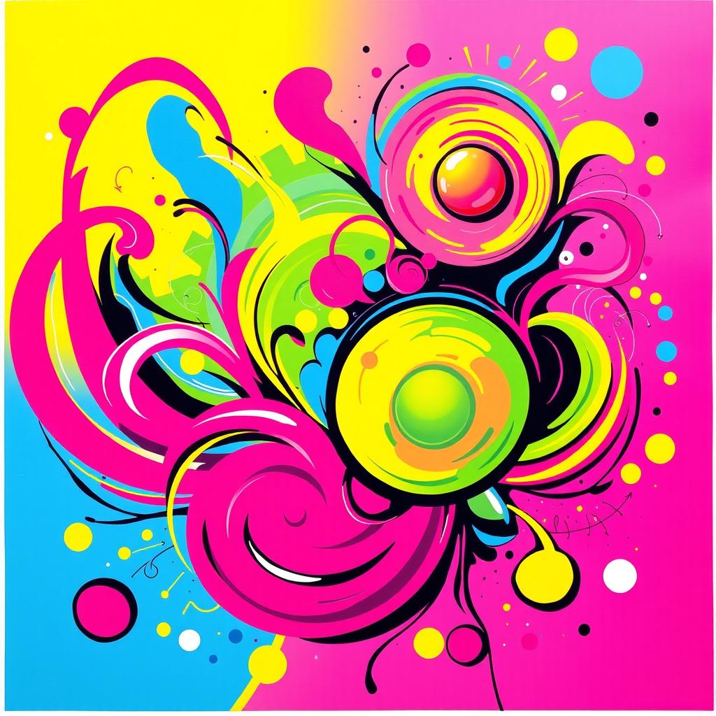 A vibrant and dynamic abstract artwork featuring bold and bright pop colors