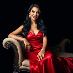 A stunning portrait of an elegant woman with long, flowing black hair, wearing a luxurious red evening gown that glistens under soft lighting