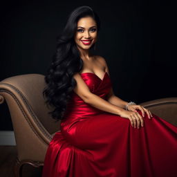 A stunning portrait of an elegant woman with long, flowing black hair, wearing a luxurious red evening gown that glistens under soft lighting