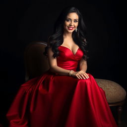 A stunning portrait of an elegant woman with long, flowing black hair, wearing a luxurious red evening gown that glistens under soft lighting