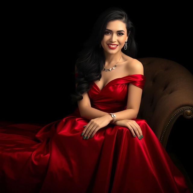 A stunning portrait of an elegant woman with long, flowing black hair, wearing a luxurious red evening gown that glistens under soft lighting