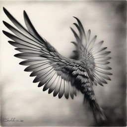 This is a monochromatic charcoal drawing that showcases a pair of intricately detailed wings