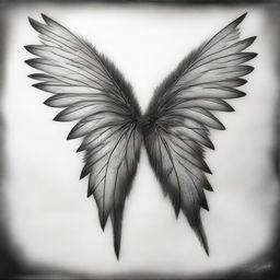 This is a monochromatic charcoal drawing that showcases a pair of intricately detailed wings