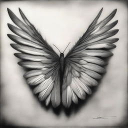 This is a monochromatic charcoal drawing that showcases a pair of intricately detailed wings