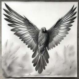 This is a monochromatic charcoal drawing that showcases a pair of intricately detailed wings