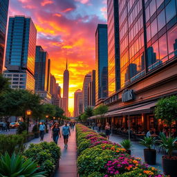 Create a stunning professional image that showcases high attention to detail, featuring a vibrant cityscape at sunset with towering skyscrapers reflecting the orange and purple hues of the sky