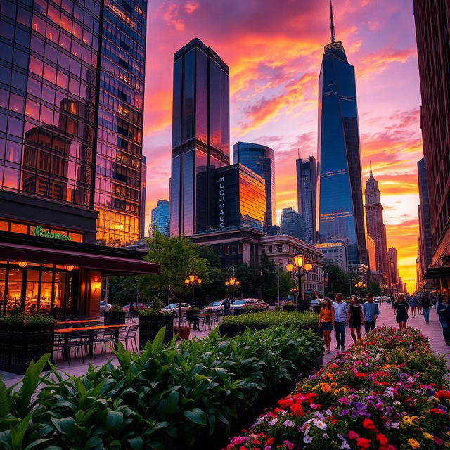 Create a stunning professional image that showcases high attention to detail, featuring a vibrant cityscape at sunset with towering skyscrapers reflecting the orange and purple hues of the sky