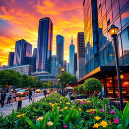 Create a stunning professional image that showcases high attention to detail, featuring a vibrant cityscape at sunset with towering skyscrapers reflecting the orange and purple hues of the sky
