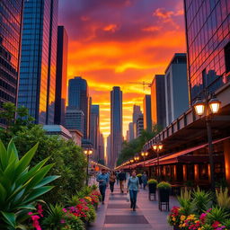 Create a stunning professional image that showcases high attention to detail, featuring a vibrant cityscape at sunset with towering skyscrapers reflecting the orange and purple hues of the sky