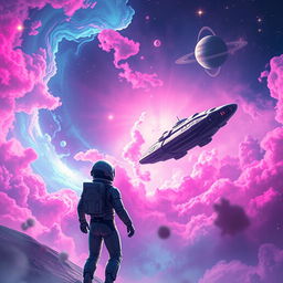 A stunning digital art representation of a space exploration scene for a sci-fi book cover, showcasing a futuristic spaceship soaring through a vibrant nebula filled with swirling colors of pink, blue, and purple