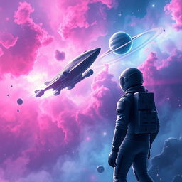 A stunning digital art representation of a space exploration scene for a sci-fi book cover, showcasing a futuristic spaceship soaring through a vibrant nebula filled with swirling colors of pink, blue, and purple