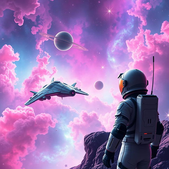 A stunning digital art representation of a space exploration scene for a sci-fi book cover, showcasing a futuristic spaceship soaring through a vibrant nebula filled with swirling colors of pink, blue, and purple