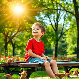 A young boy sitting on a park bench, surrounded by lush green trees and colorful flowers