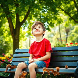 A young boy sitting on a park bench, surrounded by lush green trees and colorful flowers