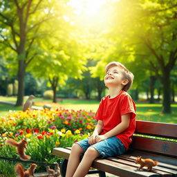 A young boy sitting on a park bench, surrounded by lush green trees and colorful flowers