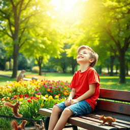 A young boy sitting on a park bench, surrounded by lush green trees and colorful flowers