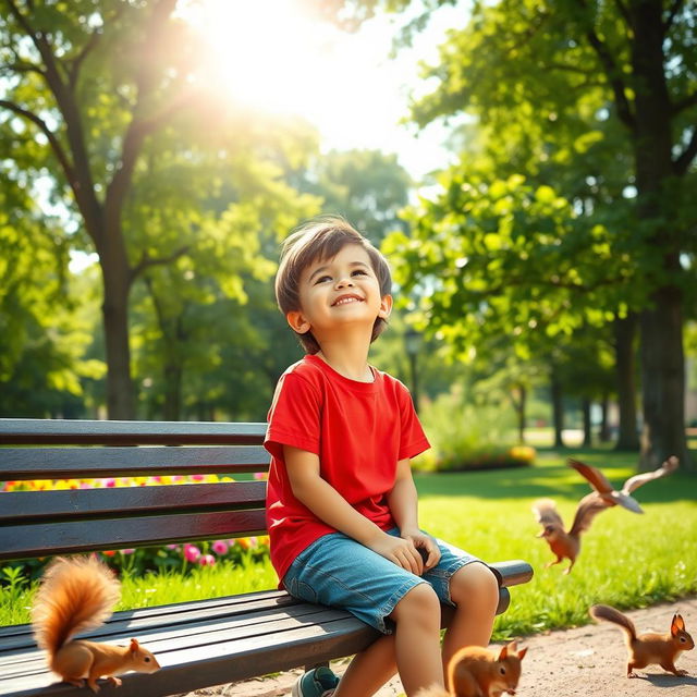 A young boy sitting on a park bench, surrounded by lush green trees and colorful flowers