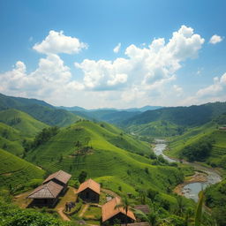 A scenic view of Shajek, Bangladesh, showcasing lush green hills and valleys filled with vibrant vegetation