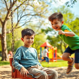 A vibrant and joyful park scene featuring a young boy sitting on a swing, looking thoughtful and a bit lonely