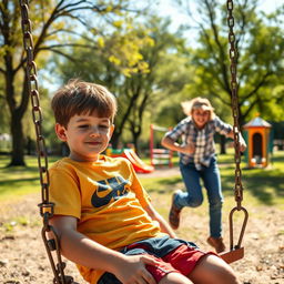 A vibrant and joyful park scene featuring a young boy sitting on a swing, looking thoughtful and a bit lonely