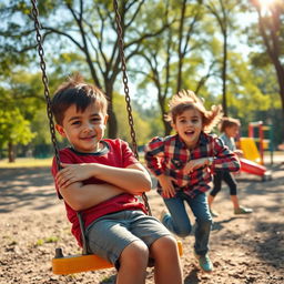 A vibrant and joyful park scene featuring a young boy sitting on a swing, looking thoughtful and a bit lonely
