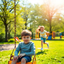 A vibrant and joyful park scene featuring a young boy sitting on a swing, looking thoughtful and a bit lonely