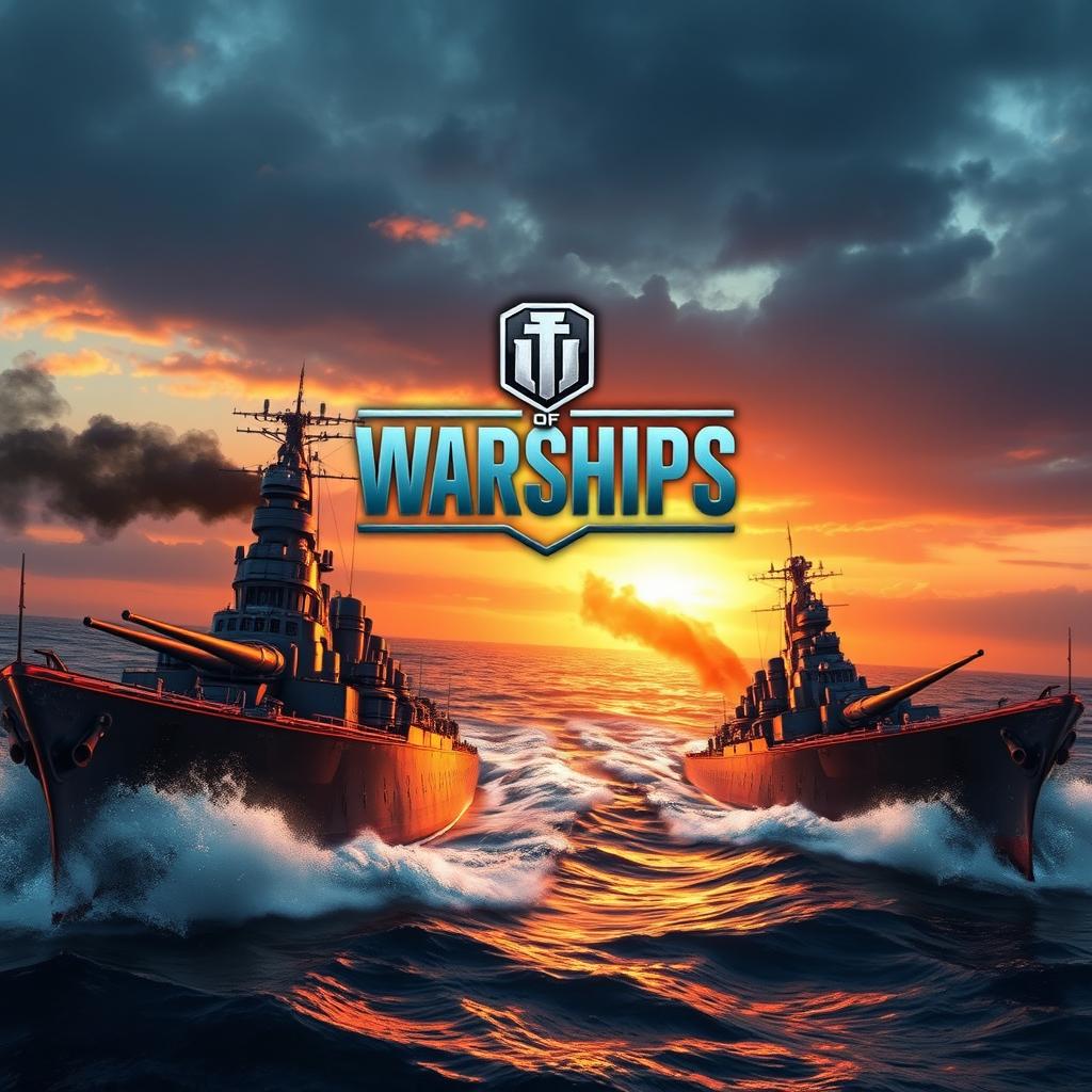A stunning World of Warships wallpaper featuring a dramatic oceanic battle scene with warships in action