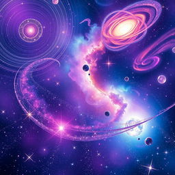 A vibrant and colorful animated GIF depicting a mesmerizing cosmic scene of swirling galaxies, shooting stars, and radiant nebulae