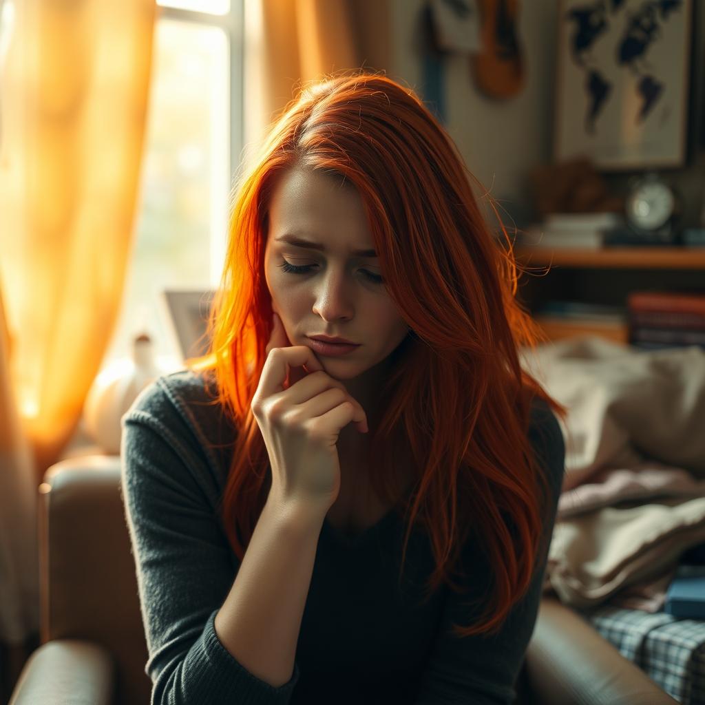 A contemplative red-haired woman sitting alone, visibly sad and crying, lost in deep thoughts about life