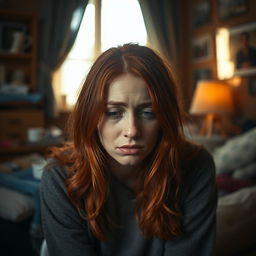A contemplative red-haired woman sitting alone, visibly sad and crying, lost in deep thoughts about life