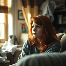 A contemplative red-haired woman sitting alone, visibly sad and crying, lost in deep thoughts about life