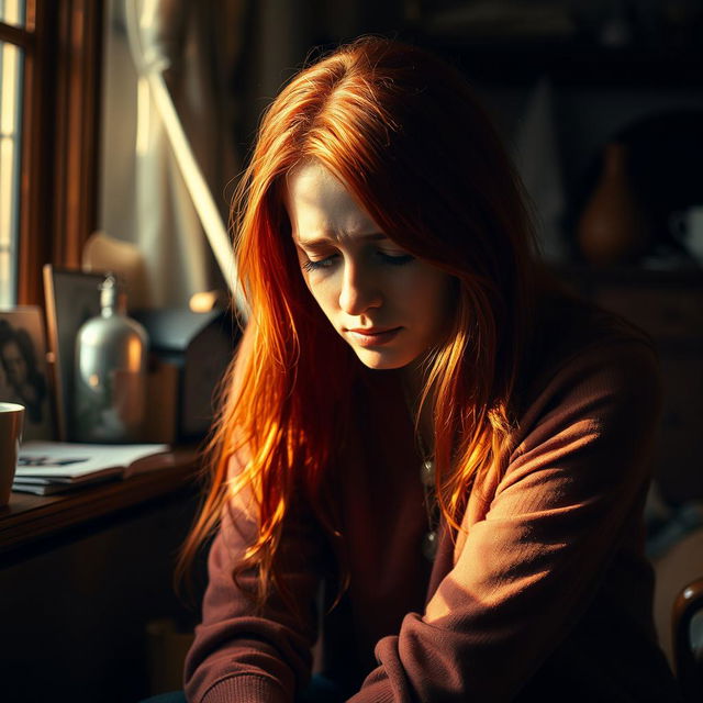 A contemplative red-haired woman sitting alone, visibly sad and crying, lost in deep thoughts about life