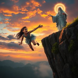 A dramatic scene where a girl is hanging precariously from a cliff, her expression a mix of fear and hope