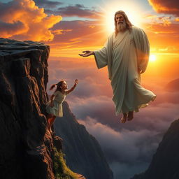 A dramatic scene where a girl is hanging precariously from a cliff, her expression a mix of fear and hope