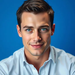 A portrait of a handsome man with short, dark hair and piercing green eyes, wearing a crisp white shirt