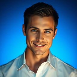 A portrait of a handsome man with short, dark hair and piercing green eyes, wearing a crisp white shirt