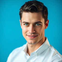 A portrait of a handsome man with short, dark hair and piercing green eyes, wearing a crisp white shirt