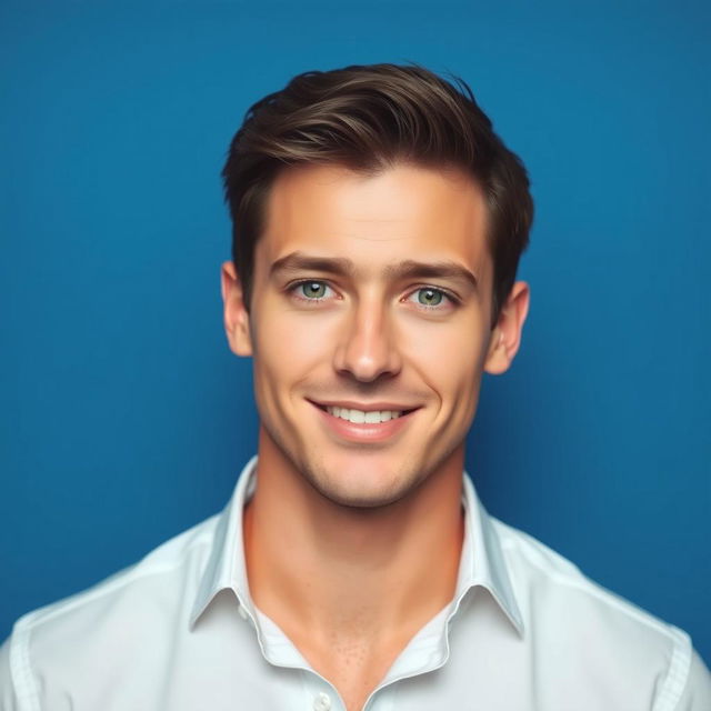 A portrait of a handsome man with short, dark hair and piercing green eyes, wearing a crisp white shirt