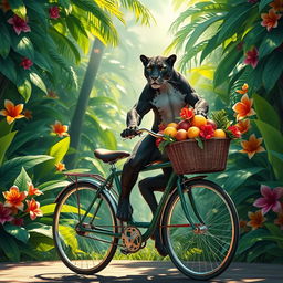 A majestic panther riding a bicycle through a tropical jungle, surrounded by lush greenery and vibrant flowers