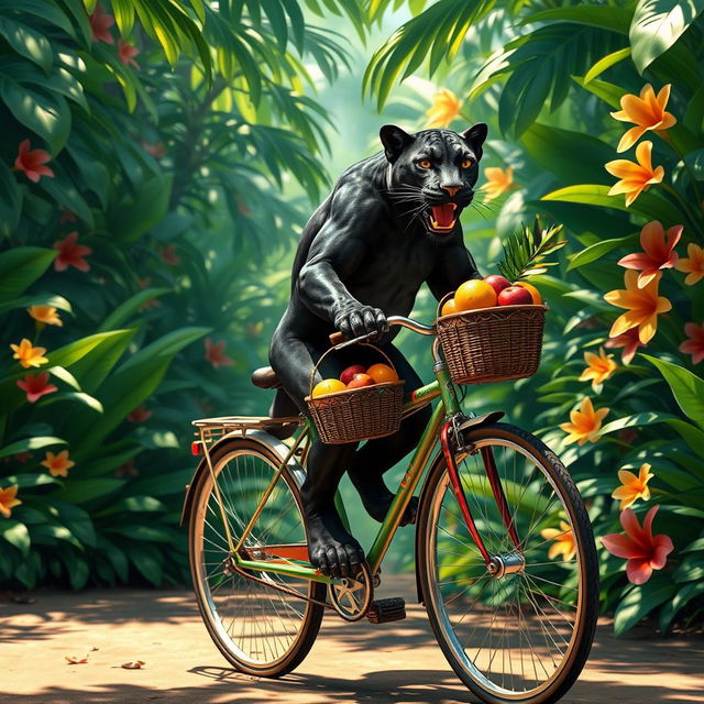 A majestic panther riding a bicycle through a tropical jungle, surrounded by lush greenery and vibrant flowers