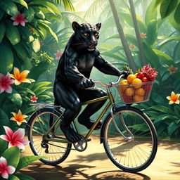 A majestic panther riding a bicycle through a tropical jungle, surrounded by lush greenery and vibrant flowers